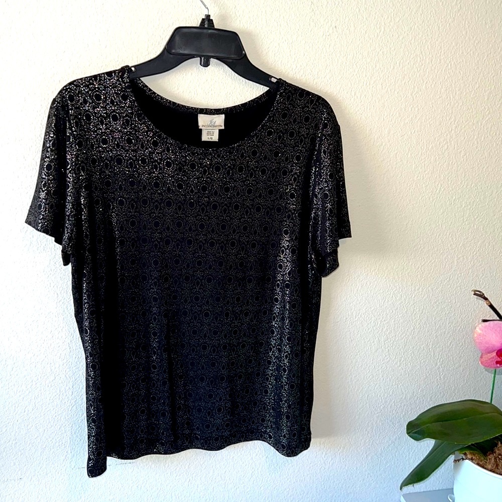 Jacqueline Smith black shimmer top very stretchy poly blend size large #1